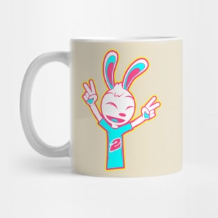 Happy Rabbit With Two Raised Peace Hand Signs Mug